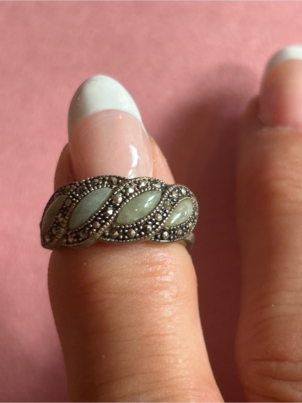 Vintage Nevada Silver Mine Sterling Silver Ring. Marquis-Cut Jade/Marcasite. Sz6